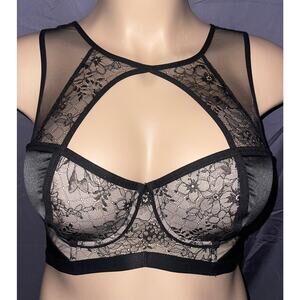 32D BLACK & TAN LACE LONGLINE VICTORIA'S SECRET LINED BALCONETTE BRA